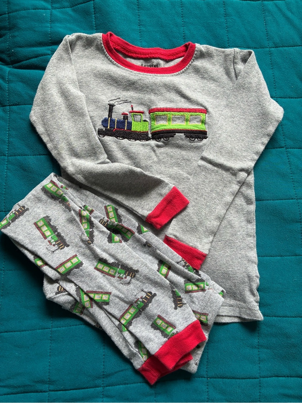 Children's Gray Train Pajama Set with Red Trim